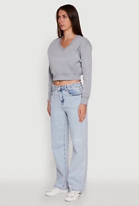 Womens Fleece Lined V-Neck Crop Sweatshirt, Grey,