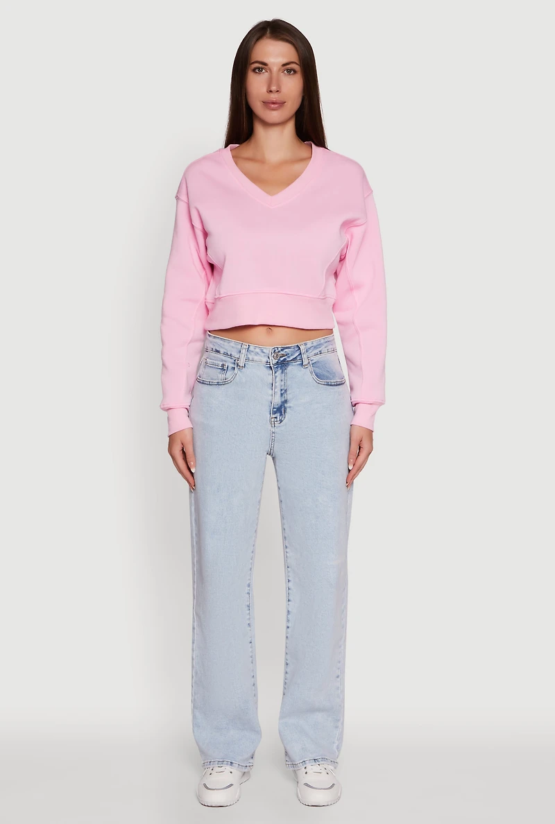 Womens Fleece Lined V-Neck Crop Sweatshirt, Pink, Size XL