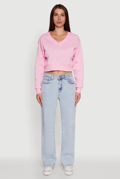 Womens Fleece Lined V-Neck Crop Sweatshirt, Pink, Size XL
