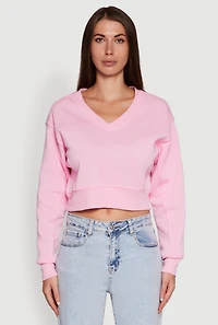Womens Fleece Lined V-Neck Crop Sweatshirt, Pink, Size XL