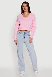 Womens Fleece Lined V-Neck Crop Sweatshirt, Pink, Size XL