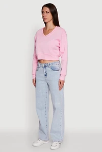 Womens Fleece Lined V-Neck Crop Sweatshirt, Pink, Size XL