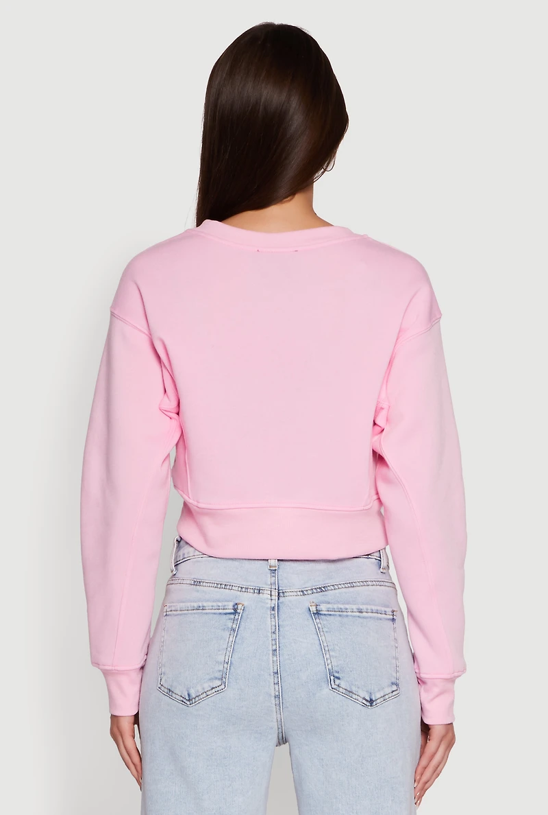 Womens Fleece Lined V-Neck Crop Sweatshirt, Pink, Size XL