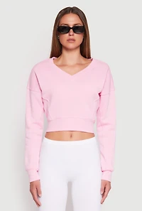 Womens V Neck Cropped Sweatshirt, Pink, Size L