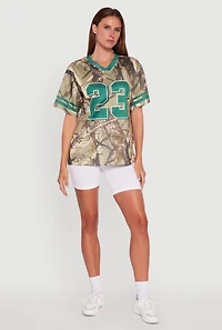 Womens V-Neck Hunter Camo 23 Graphic Jersey, Green, Size S
