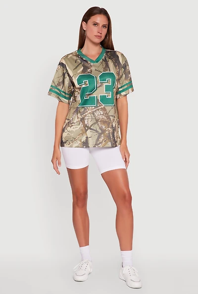 Womens V-Neck Hunter Camo 23 Graphic Jersey, Green, Size M