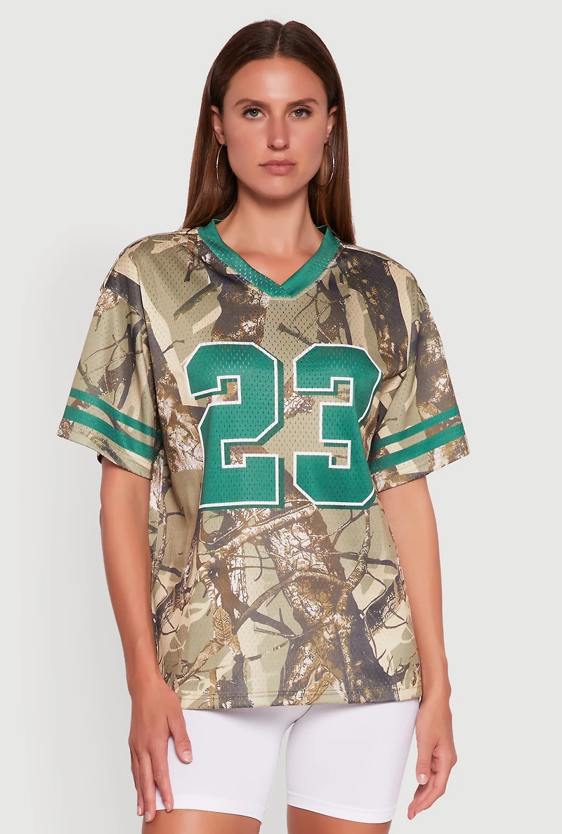 Womens V-Neck Hunter Camo 23 Graphic Jersey, Green,