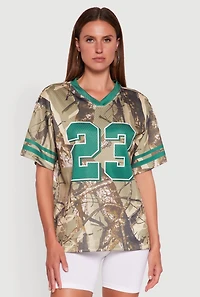 Womens V-Neck Hunter Camo 23 Graphic Jersey, Green,