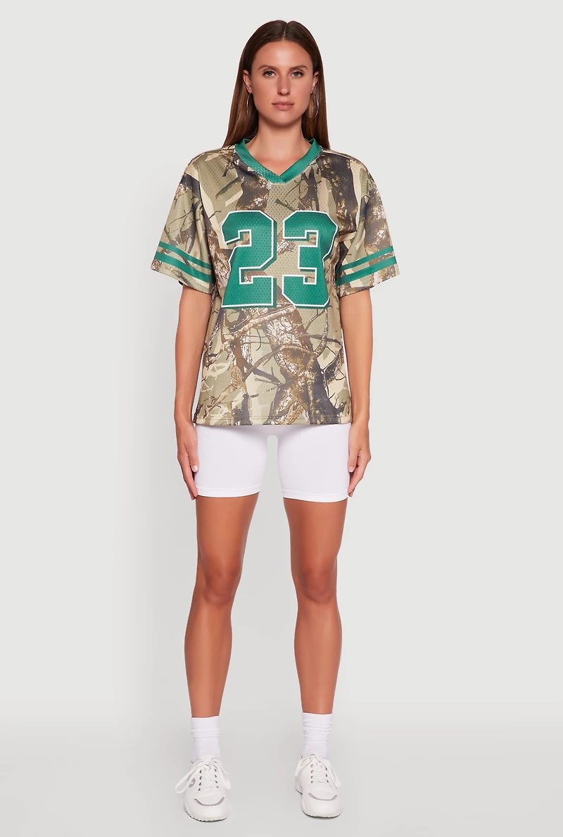 Womens V-Neck Hunter Camo 23 Graphic Jersey, Green,