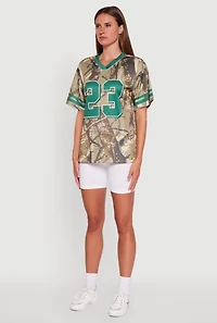 Womens V-Neck Hunter Camo 23 Graphic Jersey, Green,