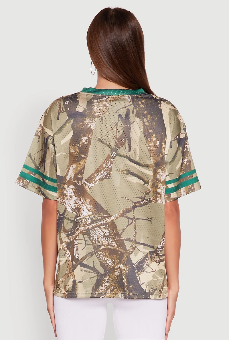 Womens V-Neck Hunter Camo 23 Graphic Jersey, Green,