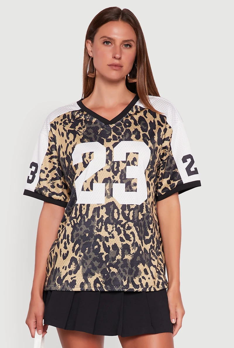 Womens V-Neck Boston 23 Graphic Leopard Print Jersey, Multi, Size S