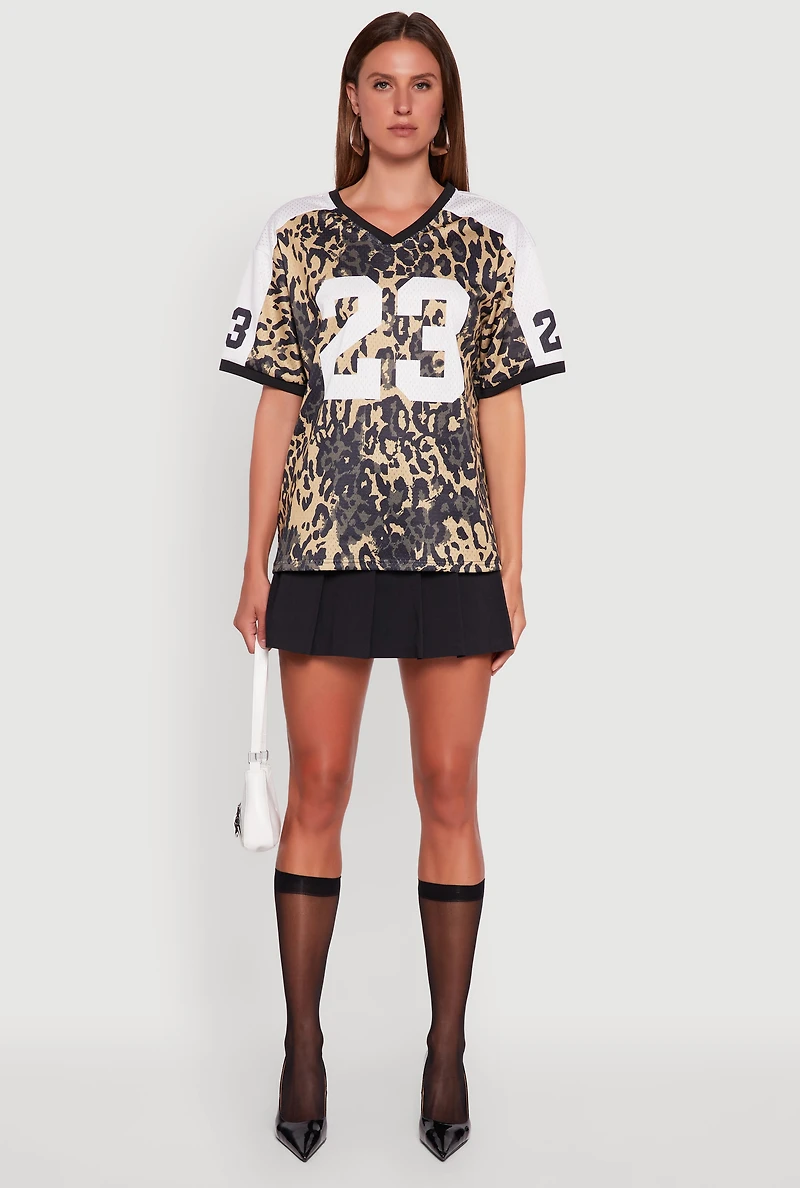 Womens V-Neck Boston 23 Graphic Leopard Print Jersey, Multi, Size S