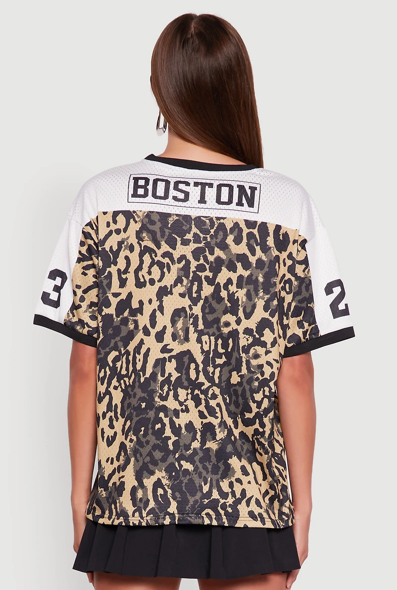 Womens V-Neck Boston 23 Graphic Leopard Print Jersey, Multi, Size S