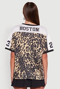 Womens V-Neck Boston 23 Graphic Leopard Print Jersey, Multi, Size S