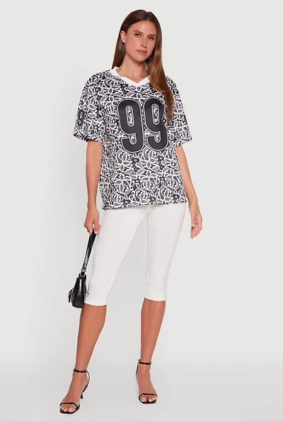 Womens V-Neck Patterned 99 Graphic Print Jersey, Multi,