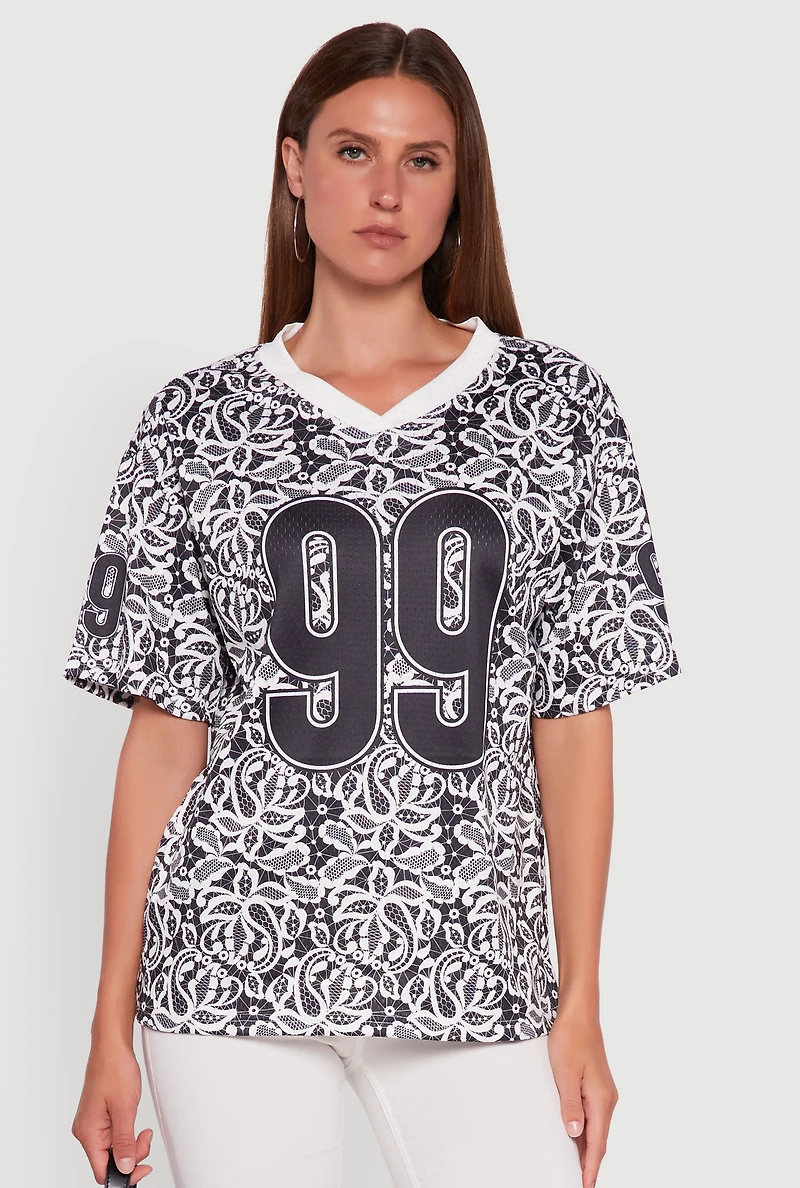Womens V-Neck Patterned 99 Graphic Print Jersey, Multi, Size L