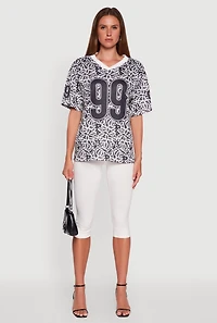 Womens V-Neck Patterned 99 Graphic Print Jersey, Multi,
