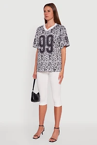 Womens V-Neck Patterned 99 Graphic Print Jersey, Multi,