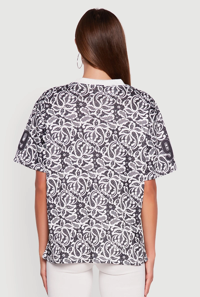 Womens V-Neck Patterned 99 Graphic Print Jersey, Multi,