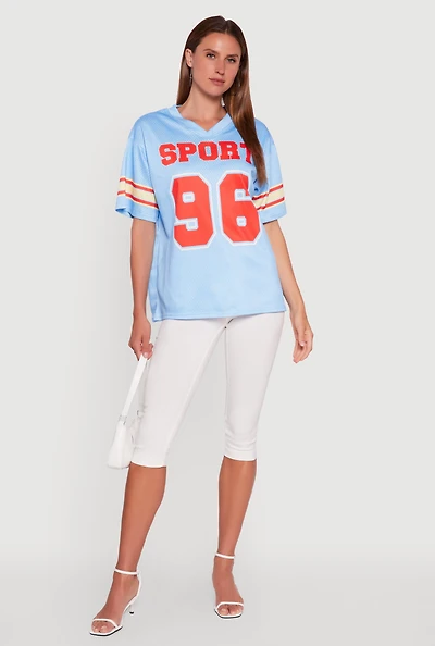 Womens V-Neck Sport 96 Graphic Print Jersey, Blue, Size M