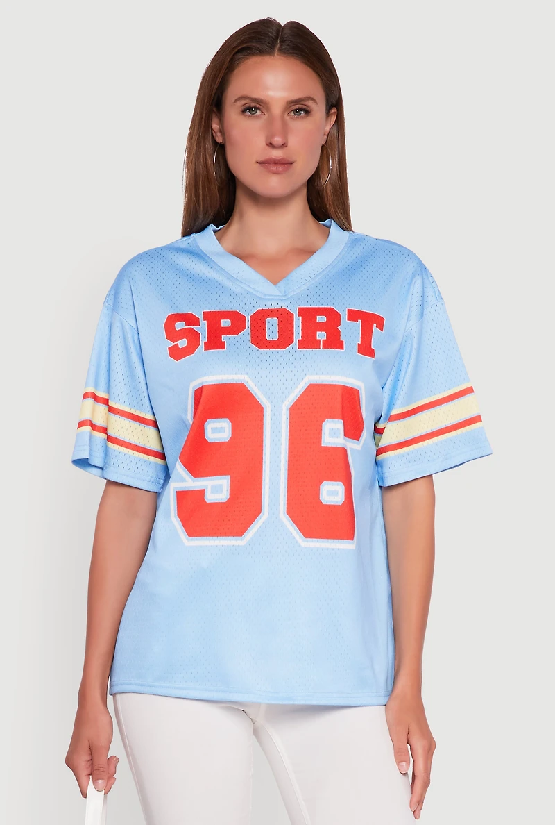 Womens V-Neck Sport 96 Graphic Print Jersey, Blue, Size M