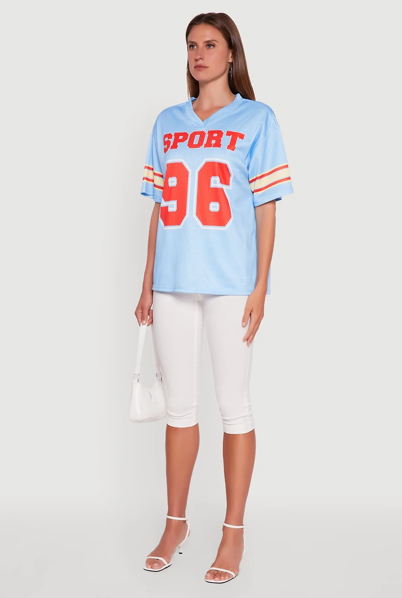 Womens V-Neck Sport 96 Graphic Print Jersey, Blue, Size M