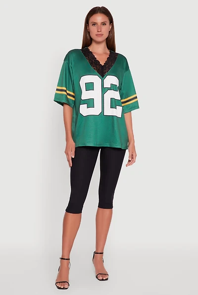Womens V-Neck 92 Graphic Lace Detail Jersey, Green, Size S