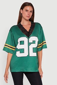 Womens V-Neck 92 Graphic Lace Detail Jersey, Green, Size S