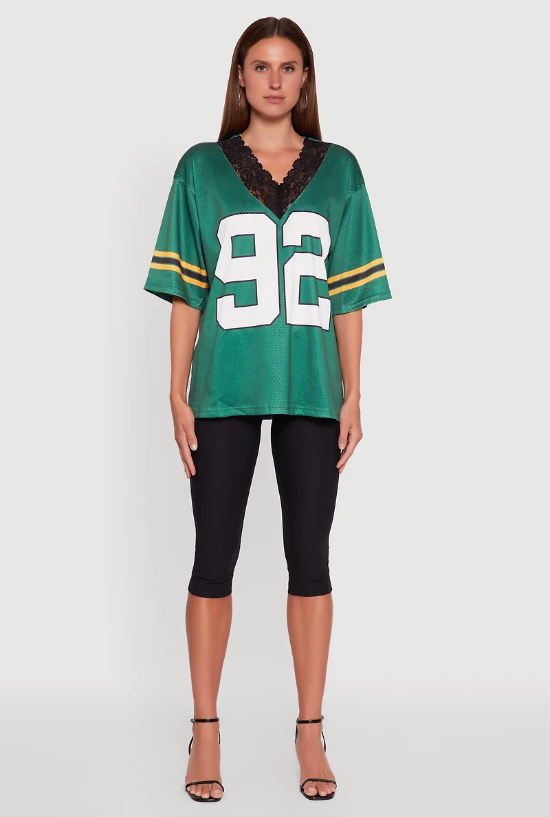 Womens V-Neck 92 Graphic Lace Detail Jersey, Green, Size S