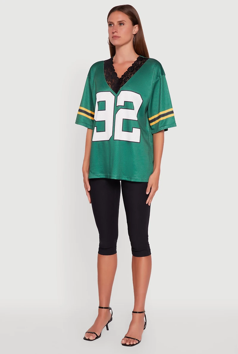Womens V-Neck 92 Graphic Lace Detail Jersey, Green, Size S