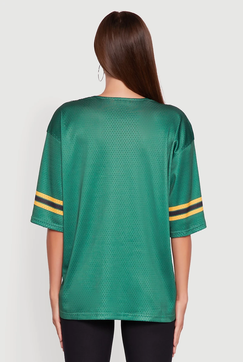 Womens V-Neck 92 Graphic Lace Detail Jersey, Green, Size S