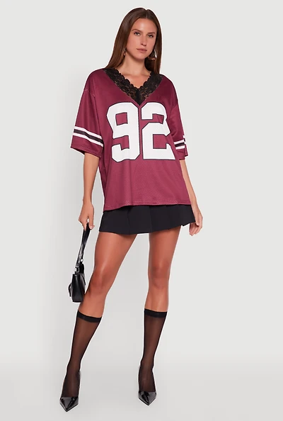 Womens V-Neck 92 Graphic Lace Detail Jersey, Burgundy, Size S