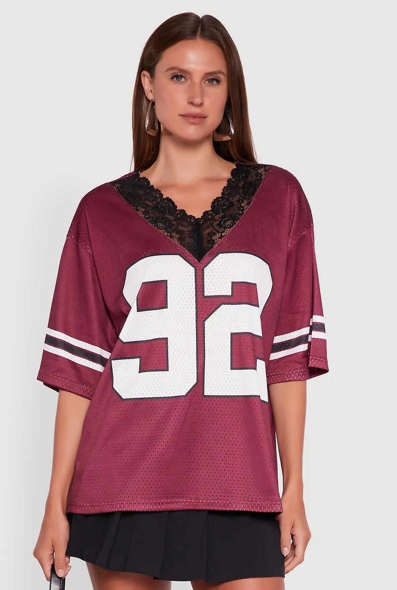 Womens V-Neck 92 Graphic Lace Detail Jersey, Burgundy, Size S