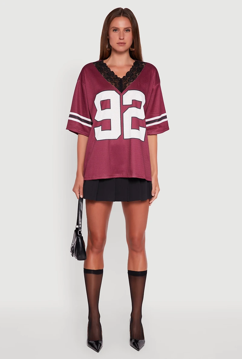 Womens V-Neck 92 Graphic Lace Detail Jersey, Burgundy, Size L