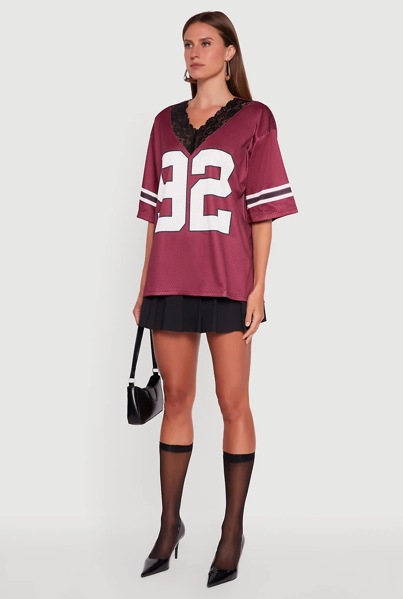 Womens V-Neck 92 Graphic Lace Detail Jersey, Burgundy, Size S