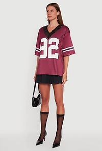 Womens V-Neck 92 Graphic Lace Detail Jersey, Burgundy, Size S