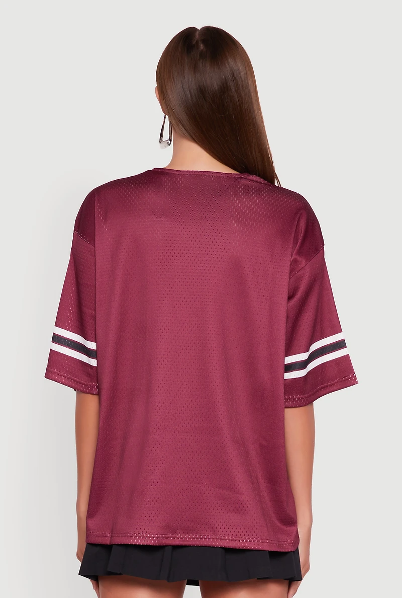 Womens V-Neck 92 Graphic Lace Detail Jersey, Burgundy, Size S