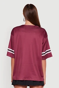 Womens V-Neck 92 Graphic Lace Detail Jersey, Burgundy, Size S