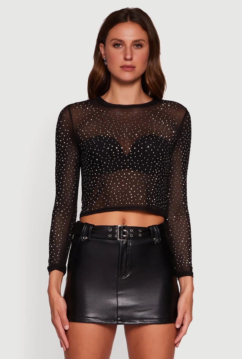 Womens Mesh Rhinestone Long Sleeve Crop Top, Black, Size S