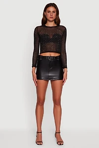 Womens Mesh Rhinestone Long Sleeve Crop Top, Black,