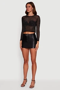 Womens Mesh Rhinestone Long Sleeve Crop Top, Black, Size S