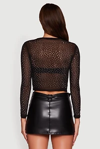 Womens Mesh Rhinestone Long Sleeve Crop Top, Black, Size M