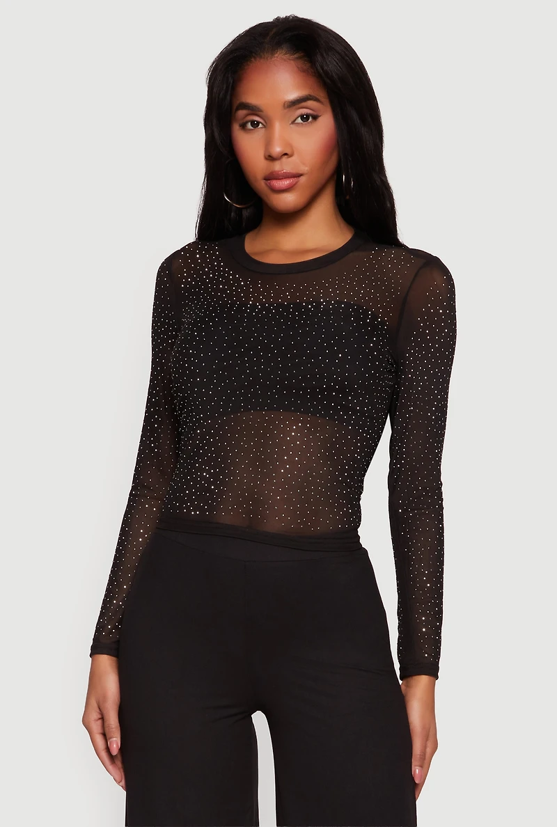 Rhinestone Mesh Long Sleeve Top