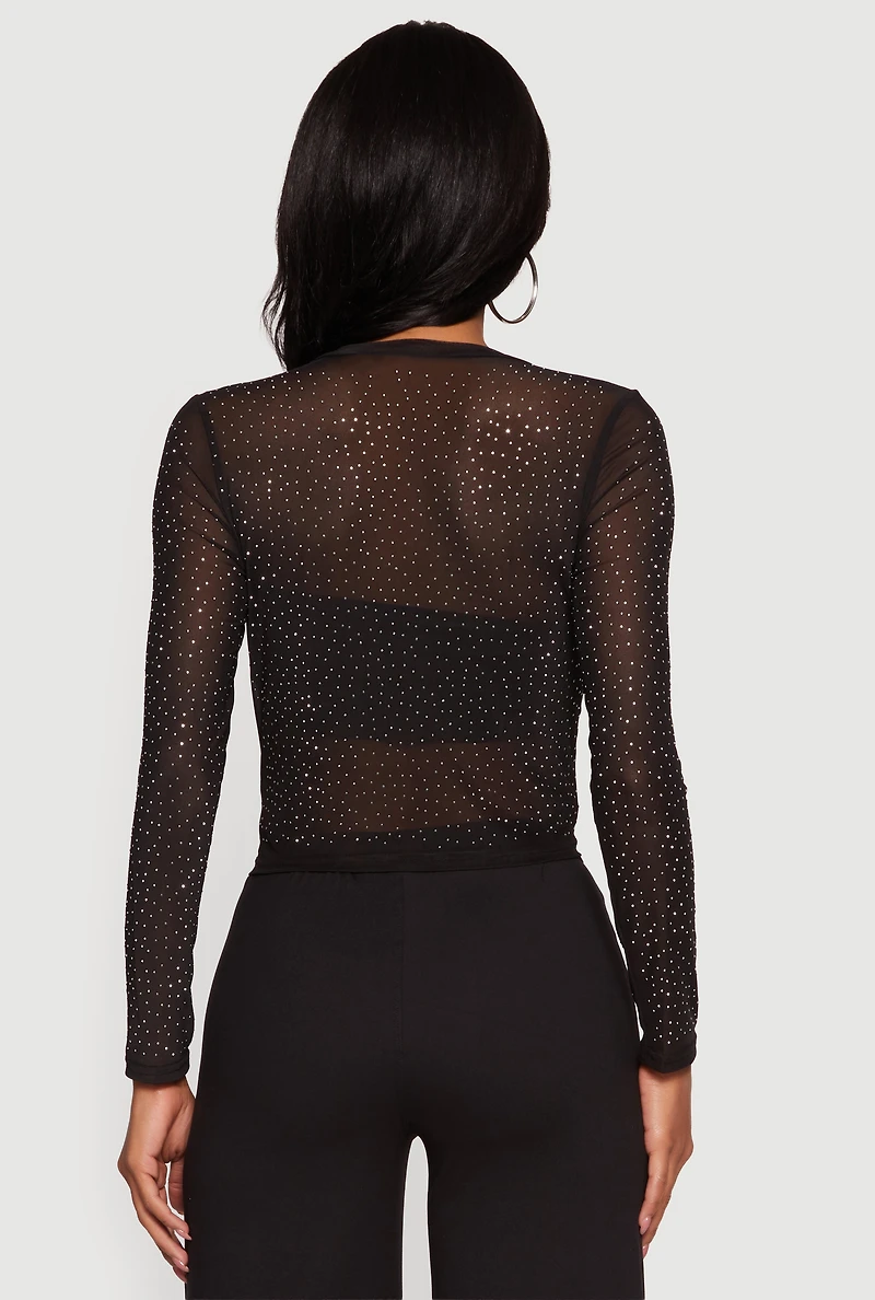 Rhinestone Mesh Long Sleeve Top