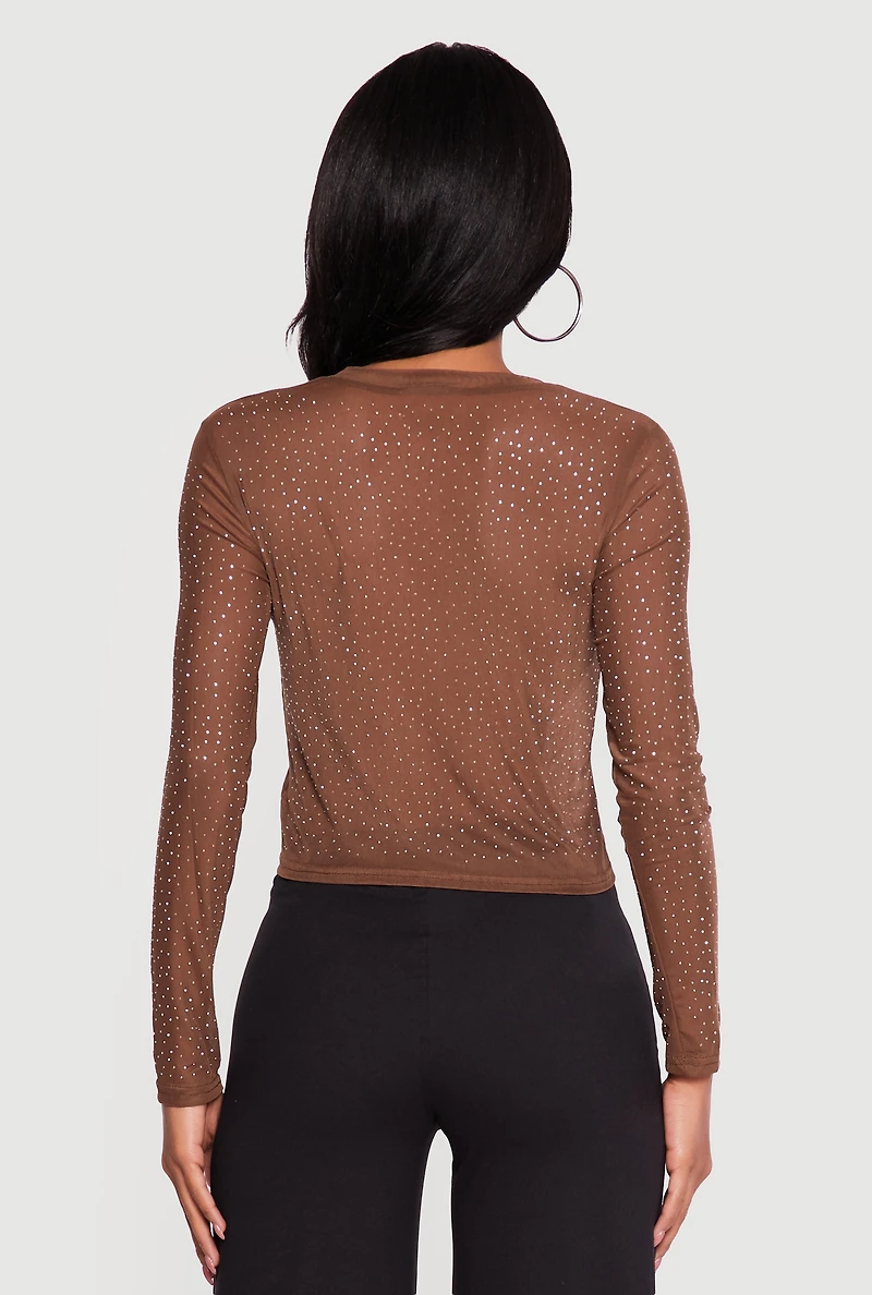 Rhinestone Mesh Long Sleeve Top