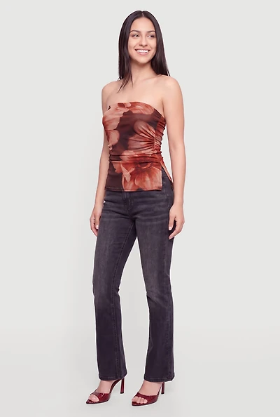 Printed Pattern Side Slit Ruched Tube Top