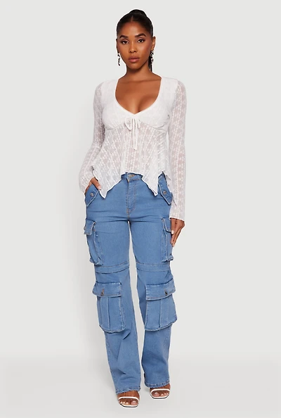 Womens Almost Famous Floral Lace Handkerchief Hem Blouse, White, Size M