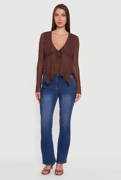 Womens Almost Famous Floral Lace Handkerchief Hem Blouse, Brown, Size L