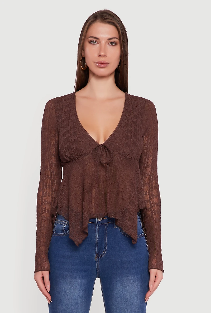 Womens Almost Famous Floral Lace Handkerchief Hem Blouse, Brown, Size L